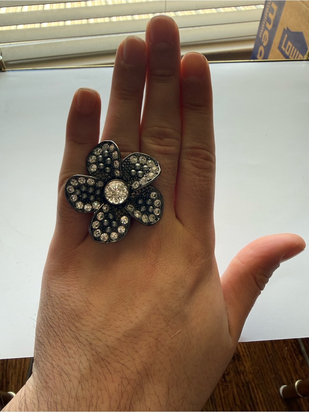 Black Flower Cocktail Ring with Clear Crystals